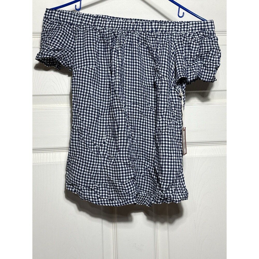 Mossimo Blue Gingham Plaid Off The Shoulder 100% Rayon Top Size XS. NWT - Picture 2 of 5